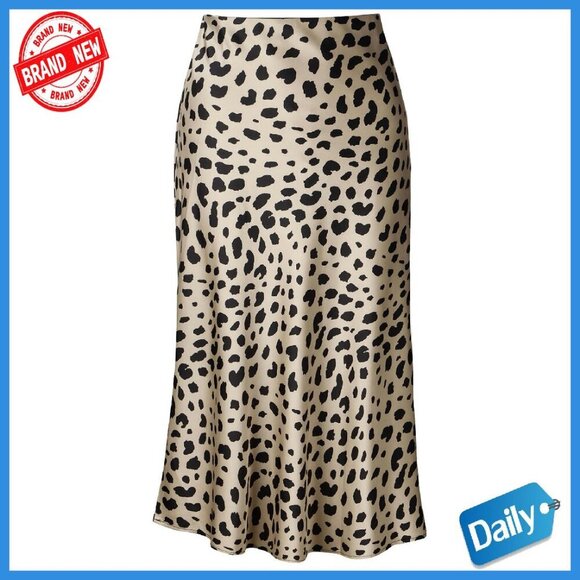 Dresses & Skirts - Silk Satin Midi Skirt High Waist Elastic Leopard Print Women's